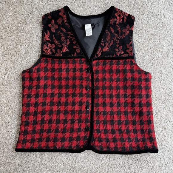 Ms. Lee Jackets & Blazers - Ms. Lee Vest Womens Large Red Black Check Tweed Button Front Floral Yoke Lined